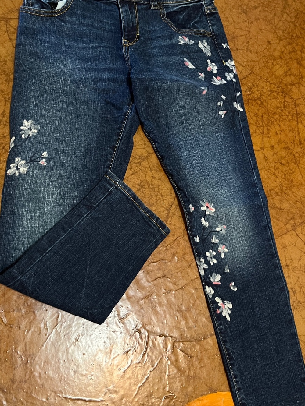 Gymboree Dark Blue Jeans with White and Pink Floral Embroidery